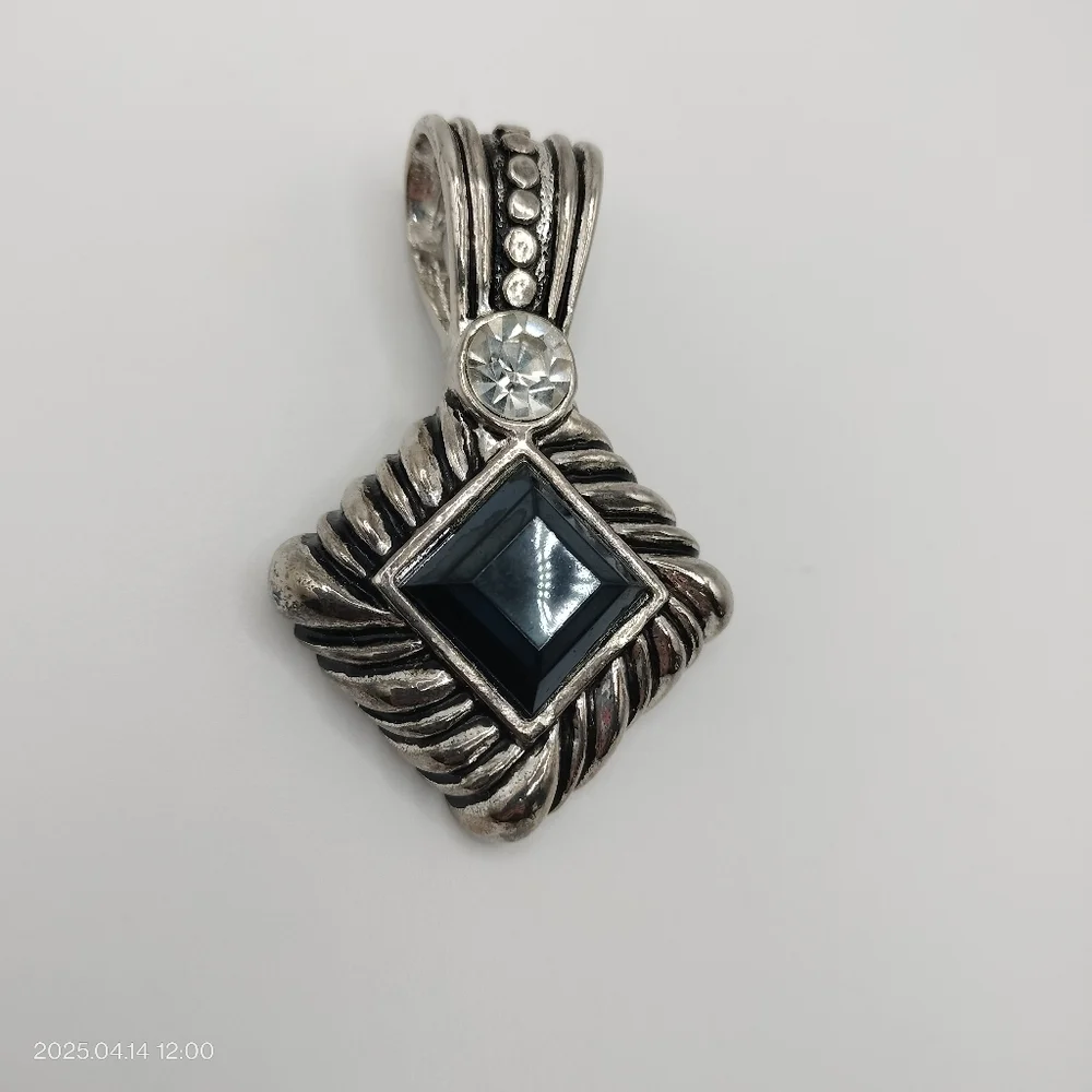 Women's Silver Tone and Black Square Pendant Accented Clear Rhinestone